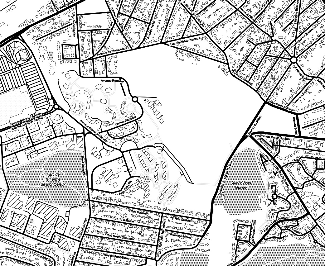 La forme géométrique blanche sur la carte est la plaine Montceleux située au nord-est de Sevran, à la lisière avec Villepinte. Les données sont issues de OpenStreetMaps, les tuiles de Stamen Design (CC BY 3.0).