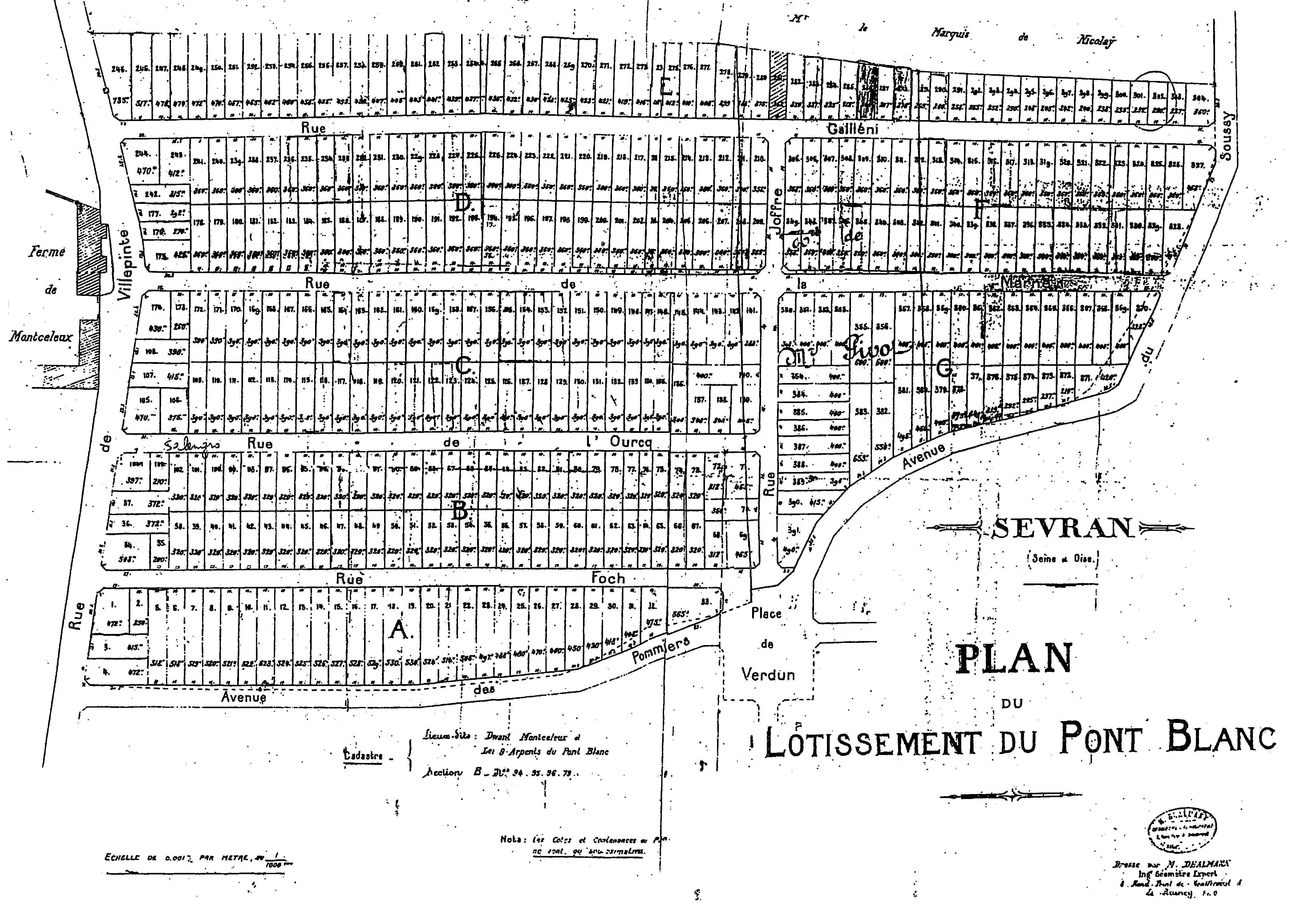 Plan du Pont-Blanc, l'un des premiers lotissements de Sevran, présenté par la société Pharos en 1924. On peut noter à l'ouest la présence de la ferme de Montceleux. Source : Archives municipales de Sevran.