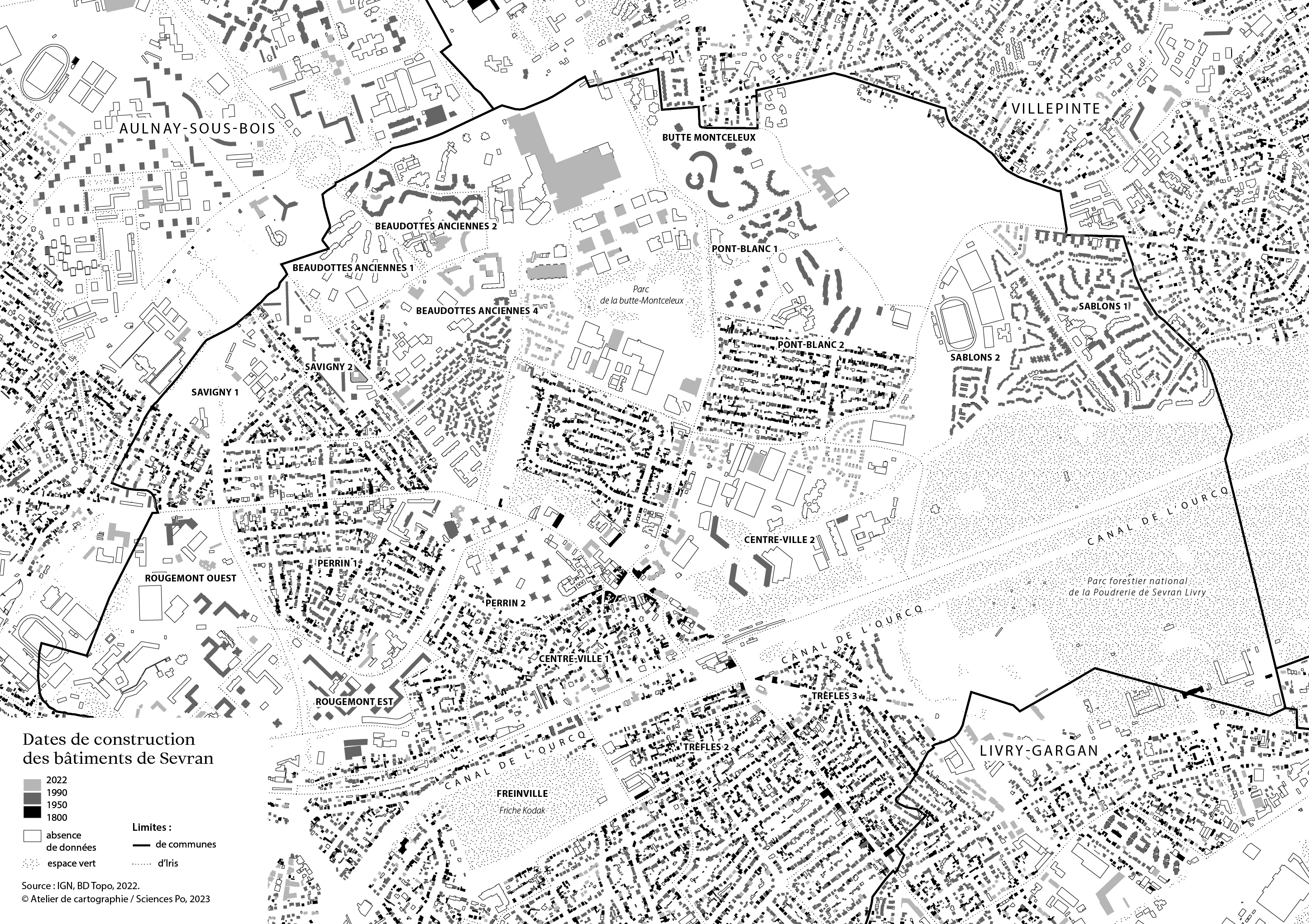 Carte du bâti à Sevran depuis 1800. Crédit : Atelier de cartographie de Sciences Po.
