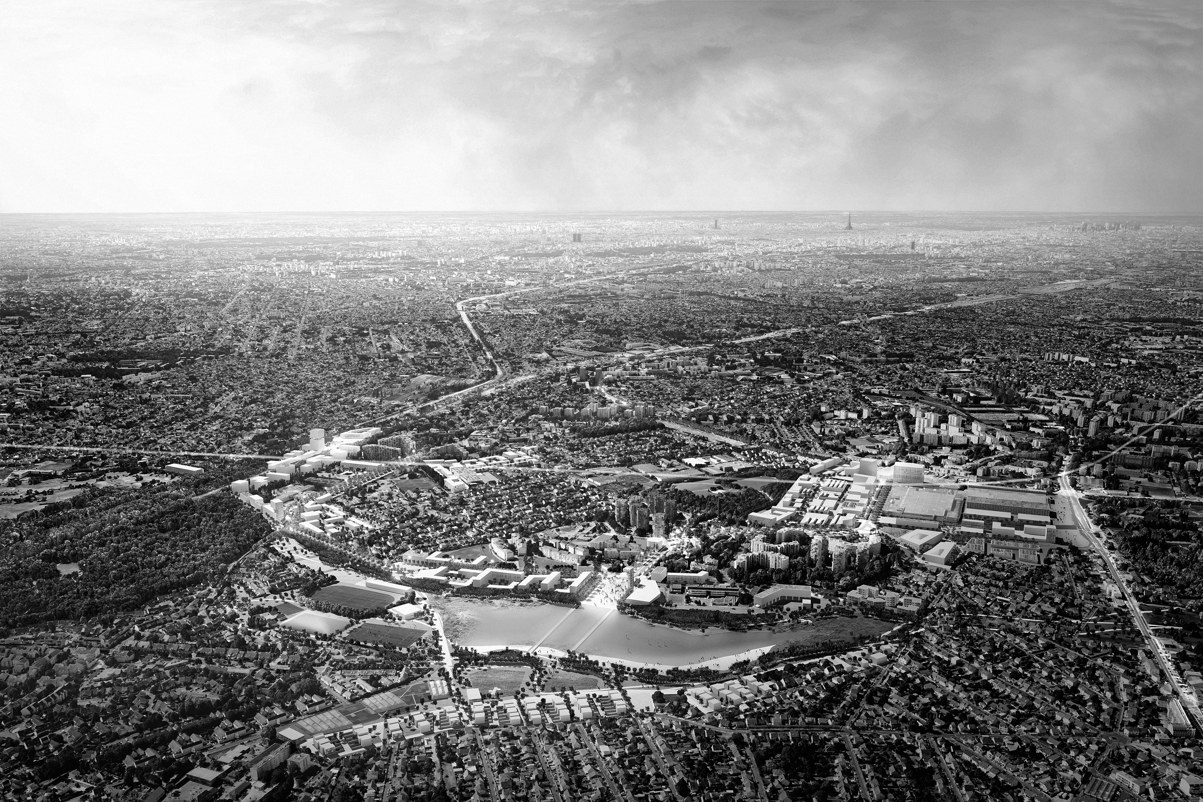 Perspective aérienne sur le projet de quartier Terre de Sport en 2016. Image : Grand Paris Aménagement.