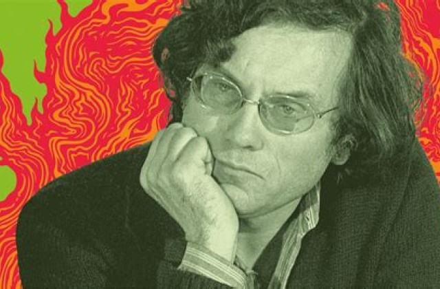 Félix Guattari sur un fond créatif vert, rouge et orange