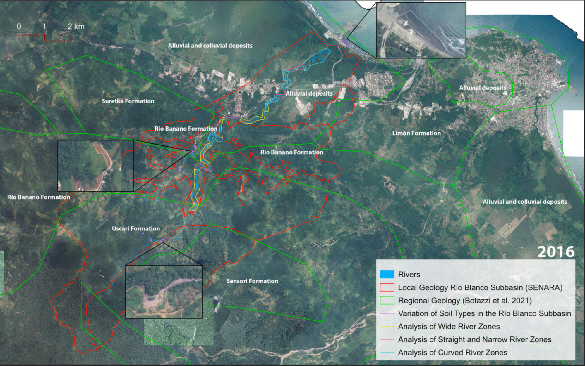 Project Map: Geological Observations 2016. This map illustrates evident geological observations in the formation of rivers, drainage patterns, and the variation of soil types in the 2016 orthophoto mosaic of the Río Blanco sub-basin, as well as the geological formations identified at both local and regional scales. Information sources: National Geographic Institute of Costa Rica, orthophotography (2016), ESRI World Imagery (2024), Hydrogeological Study for the Río Blanco Sub-basin, Limón, Costa Rica, SENARA (2023). EPSG: 3857. Scale: 1:52,888.