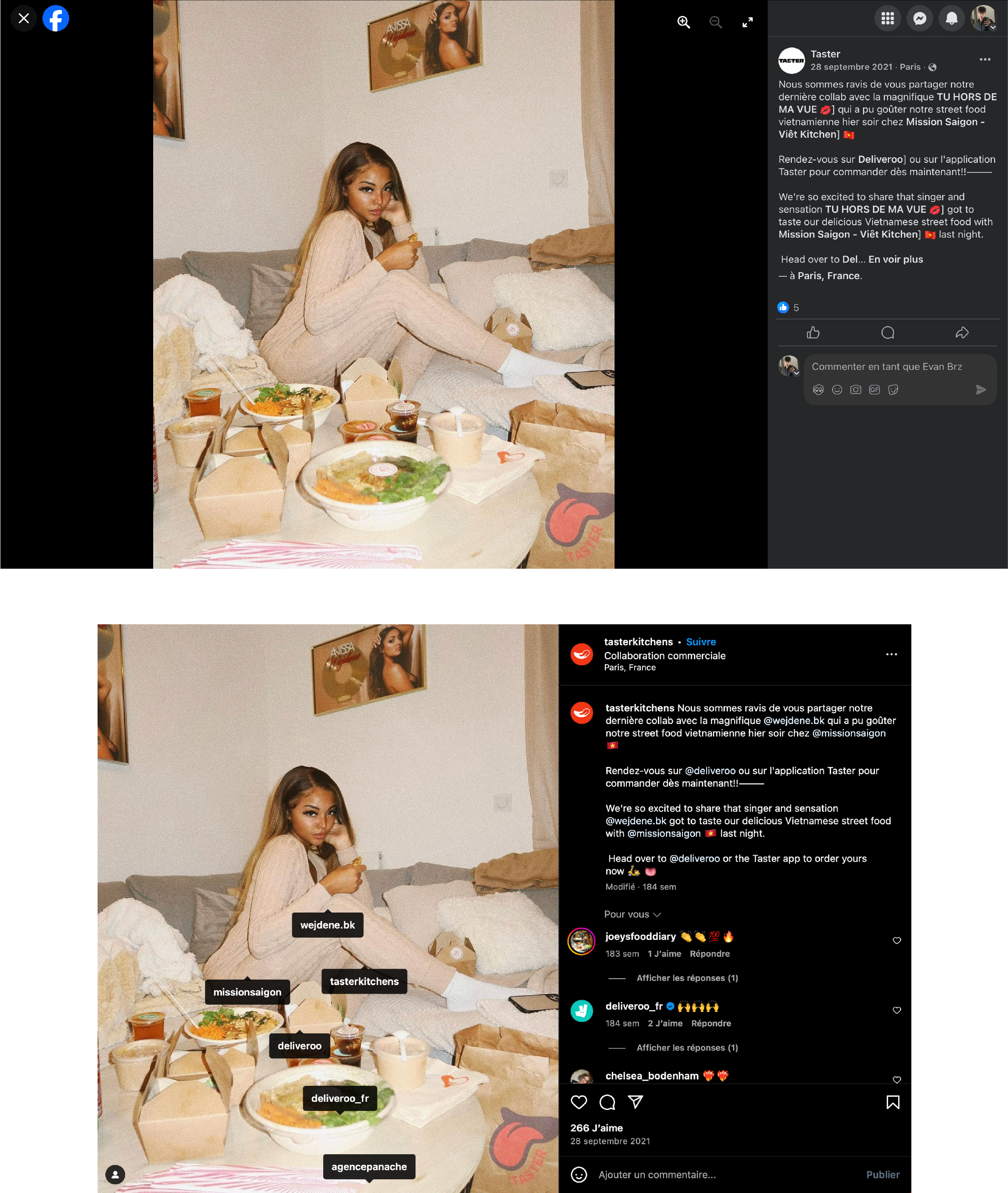 Ces captures d’écrans montre Wejdene, une chanteuse française influente (2,1M d’abonnés sur Instagram), consommant des produits de la marque Mission Saigon sur son canapé. La présence de Wejdene, une figure influente auprès des jeunes consommateurs, montre comment les influenceurs jouent un rôle clé dans la promotion de ces nouvelles pratiques alimentaires. En partageant son expérience avec Mission Saigon, elle contribue à normaliser et à populariser la livraison de repas.
