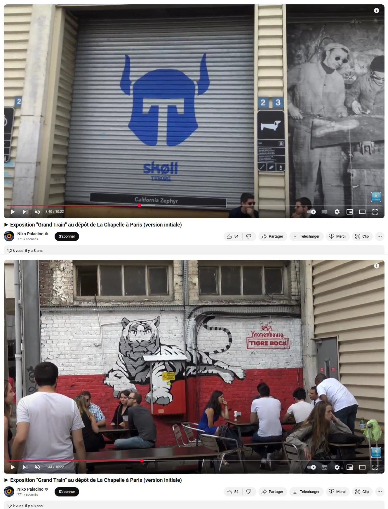 Graff publicitaire ou sponsoring de marque de bière au dépôt de La Chapelle.Capture d’écran 2025, vidéo «Exposition Grand Train au dépôt de la Chapelle à Paris» publié par Niko Paladino sur Youtube 2016.La bière Skøll Tuborg est une marque de bière française lancée par la brasseries Kronenbourg en 2013. Sur les deux extraits vidéo, des fresques reprenant la marque de la brasserie Kronenbourg et le nom des bières occupent les murs. En dessous de la fresque « Skøll », une petite pancarte « California Zephyr », nom donné à un mythique train reliant Chicago à la baie de San Francisco, aux États-Unis, symbolise la conquête de l’Ouest. À côté, une image montre deux cheminots réparant une machine. Entre les deux, une pancarte « Hot dog de qualité, saucisse 100 % pur bœuf, etc. » indique ensuite les moyens de paiement. Un deuxième petit panneau, avec pour logo une bière et les moyens de paiement, se trouve plus loin. Le lieu semble inondé de signalétique disparate.