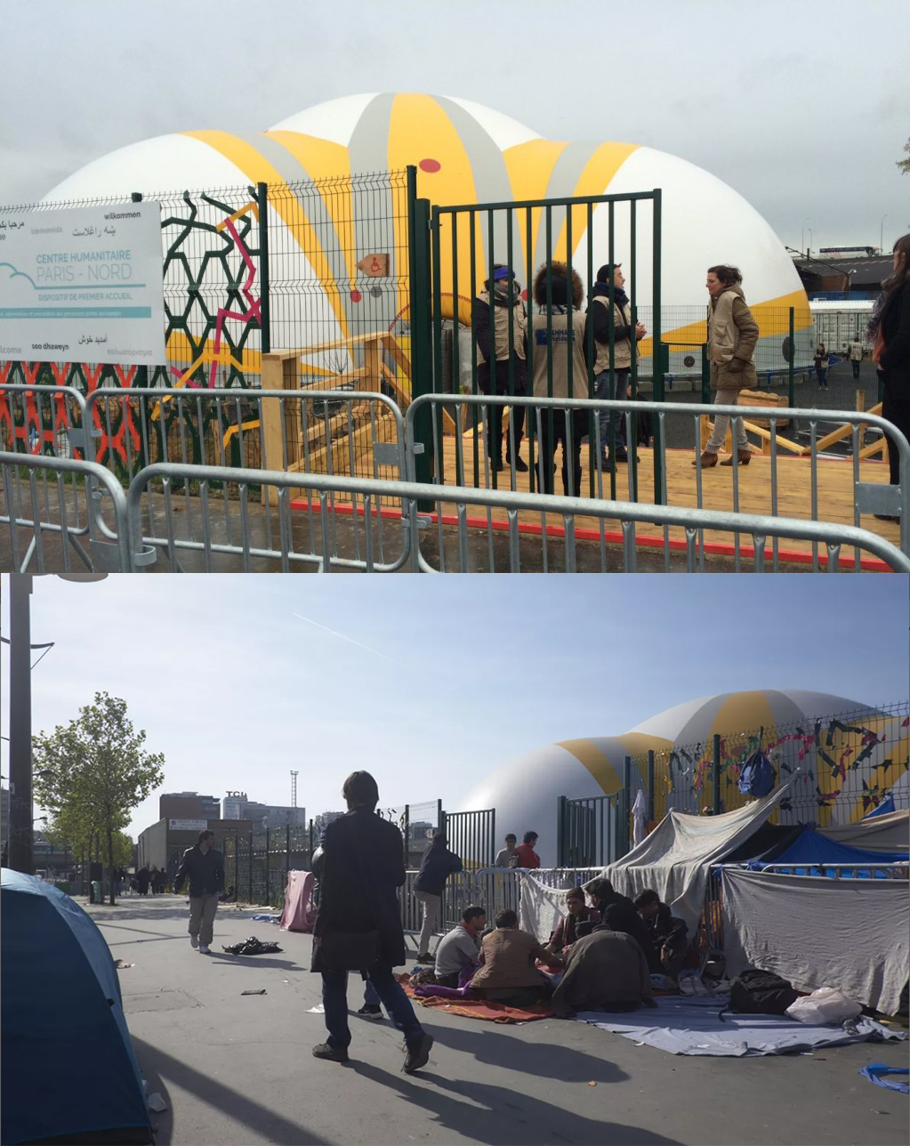 L’entrée du Centre de Premier Accueil 2017,Image 1 : Charlotte Boitiaux, 2017 InfoMigrants, Image 2 : Thomas Fliche, 2017 Le FigaroLe Centre humanitaire Paris-Nord ouvre ses portes le 10 novembre 2016 à la Porte de la Chapelle. Dans la halle Dubois, l’espace d’hébergement temporaire accueille les premiers migrants. Disposant de 400 places, celles-ci sont mises à leur disposition pour une période de 5 à 10 jours. En moyenne, 86 personnes arrivent chaque jour, tandis que 250 à 300 sont orientées chaque semaine vers des structures d’hébergement, des centres d’accueil et d’orientation (CAO) ou des centres d’accueil pour demandeurs d’asile (CADA). Des campements sauvages se forment régulièrement aux abords de la Porte de la Chapelle.